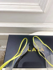 ALAIA 26S POINTED-TOE THONG SANDALS IN LIGHT YELLOW SATIN AND TRANSPARENT PVC