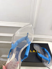 ALAIA 26S THONG SANDALS IN BLUE SATIN AND TRANSPARENT PVC