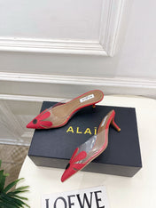 ALAIA 26S MULE HEELS 55 MM IN DARK RED LAMBSKIN AND TRANSPARENT PVC
