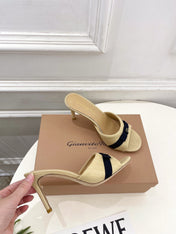 GIANVITO ROSSI 26S HIGH-HEEL SANDALS 80 MM IN BEIGE WOVEN FABRIC