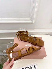 MIUMIU 26S LACE-UP SANDALS IN CARAMEL BROWN SUEDE