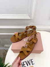 MIUMIU 26S LACE-UP SANDALS IN CARAMEL BROWN SUEDE