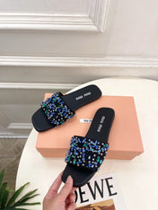MIUMIU 26S SLIDES IN BLACK SATIN CRYSTAL EMBELLISHED