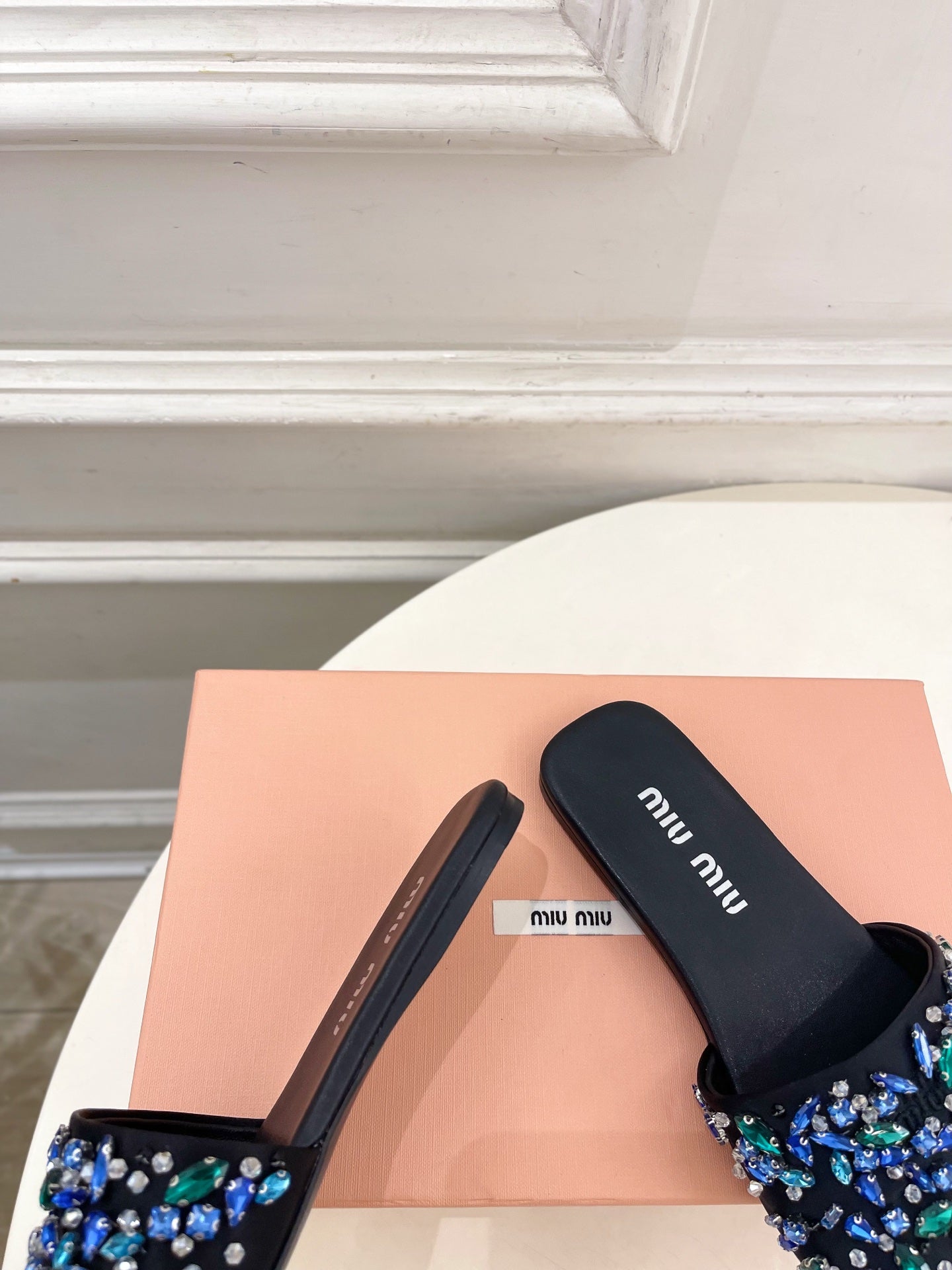 MIUMIU 26S SLIDES IN BLACK SATIN CRYSTAL EMBELLISHED