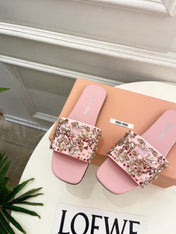 MIUMIU 26S SLIDES IN LIGHT PINK SATIN CRYSTAL EMBELLISHED
