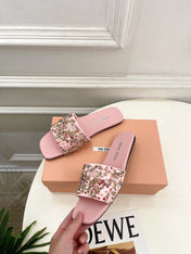 MIUMIU 26S SLIDES IN LIGHT PINK SATIN CRYSTAL EMBELLISHED