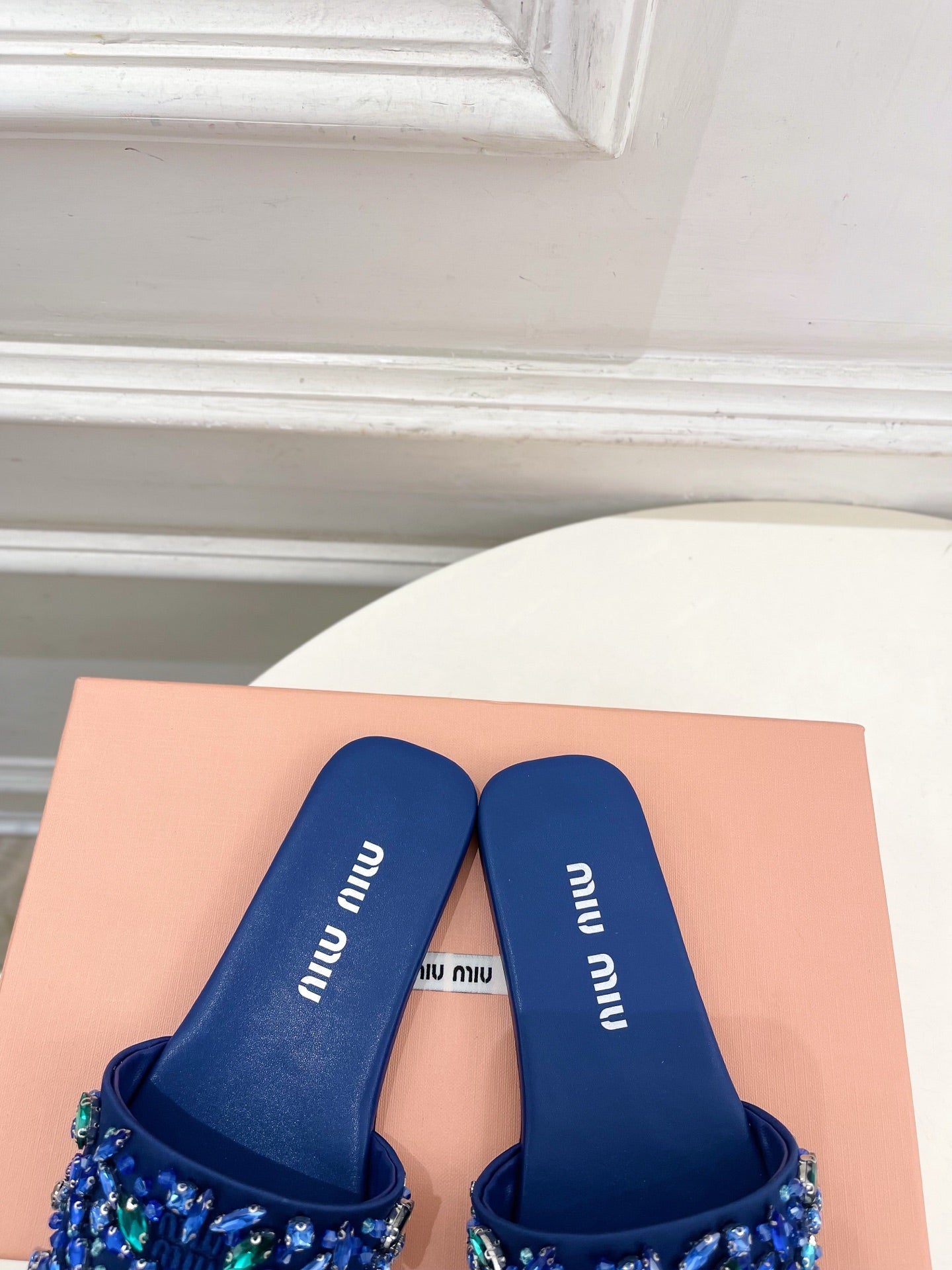 MIUMIU 26S SLIDES IN ROYAL BLUE SATIN CRYSTAL EMBELLISHED