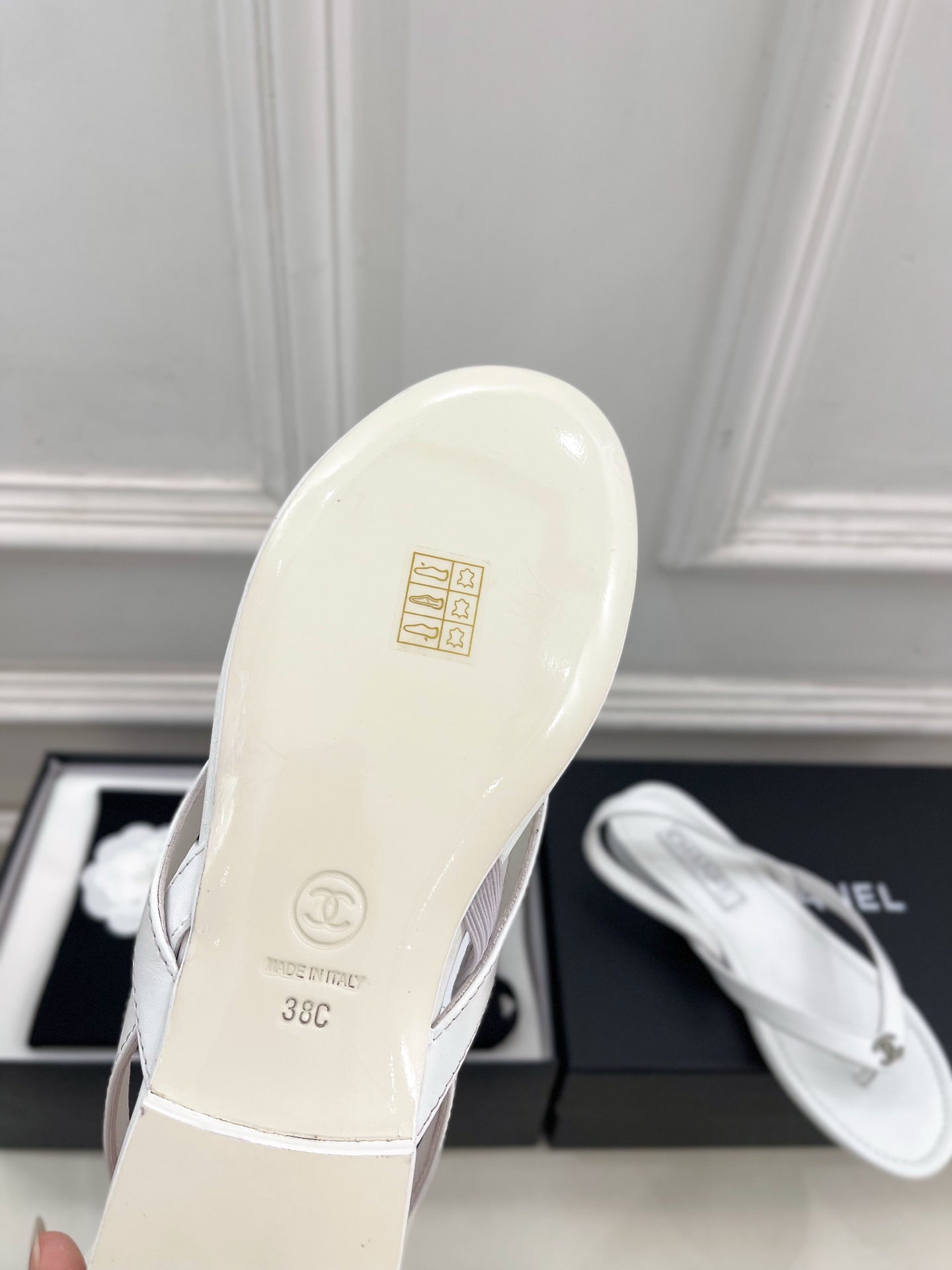 CHANEL 26S THONG SLINGBACK SANDALS IN WHITE LAMBSKIN