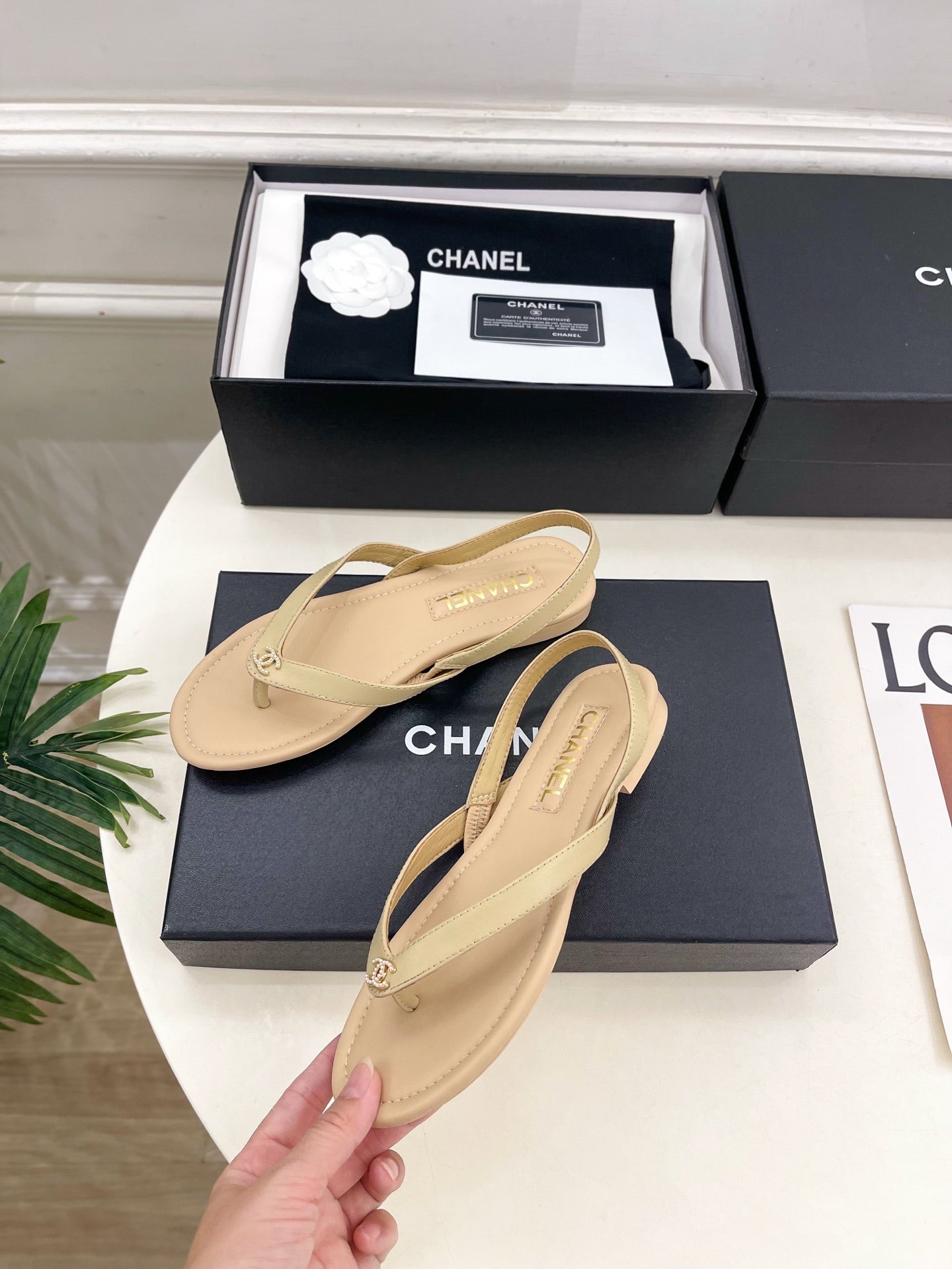 CHANEL 26S THONG SLINGBACK SANDALS IN BEIGE LAMBSKIN