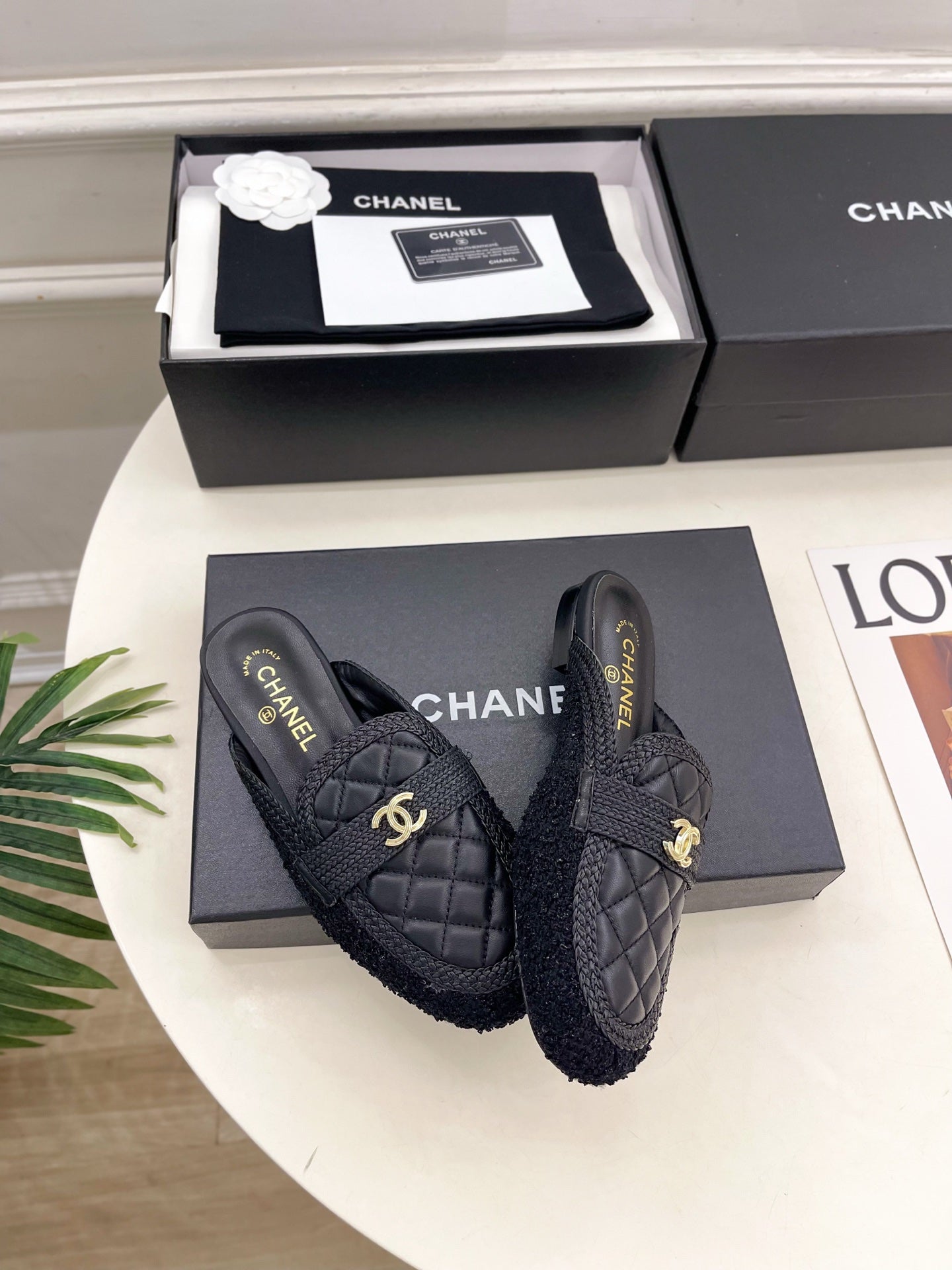 CHANEL 26S MULES IN BLACK LAMBSKIN AND TWEED