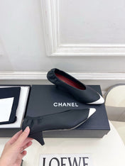 CHANEL 26S SQUARE TOE PUMPS 50 MM IN BLACK LAMBSKIN WITH WHITE TOE CAP