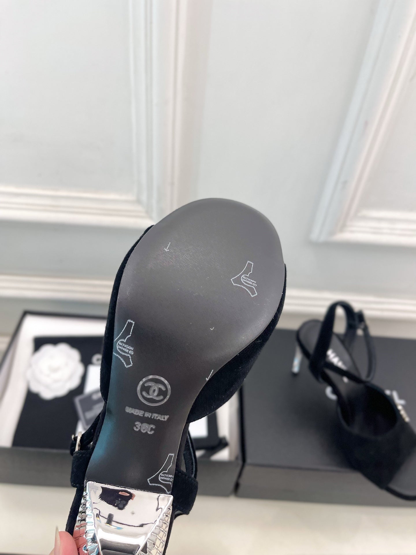 CHANEL 26S HIGH HEEL SLINGBACK SANDALS 90 MM IN BLACK SUEDE