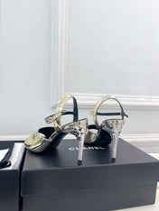 CHANEL 26S HIGH HEEL SLINGBACK SANDALS 90 MM IN GOLD LAMBSKIN WITH CC LOGO