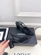 CHANEL 26S POINTED TOE HIGH HEEL SLINGBACK PUMPS 90 MM IN BLACK MESH