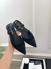 CHANEL 26S FLAT POINTED TOE SLINGBACK IN BLACK MESH