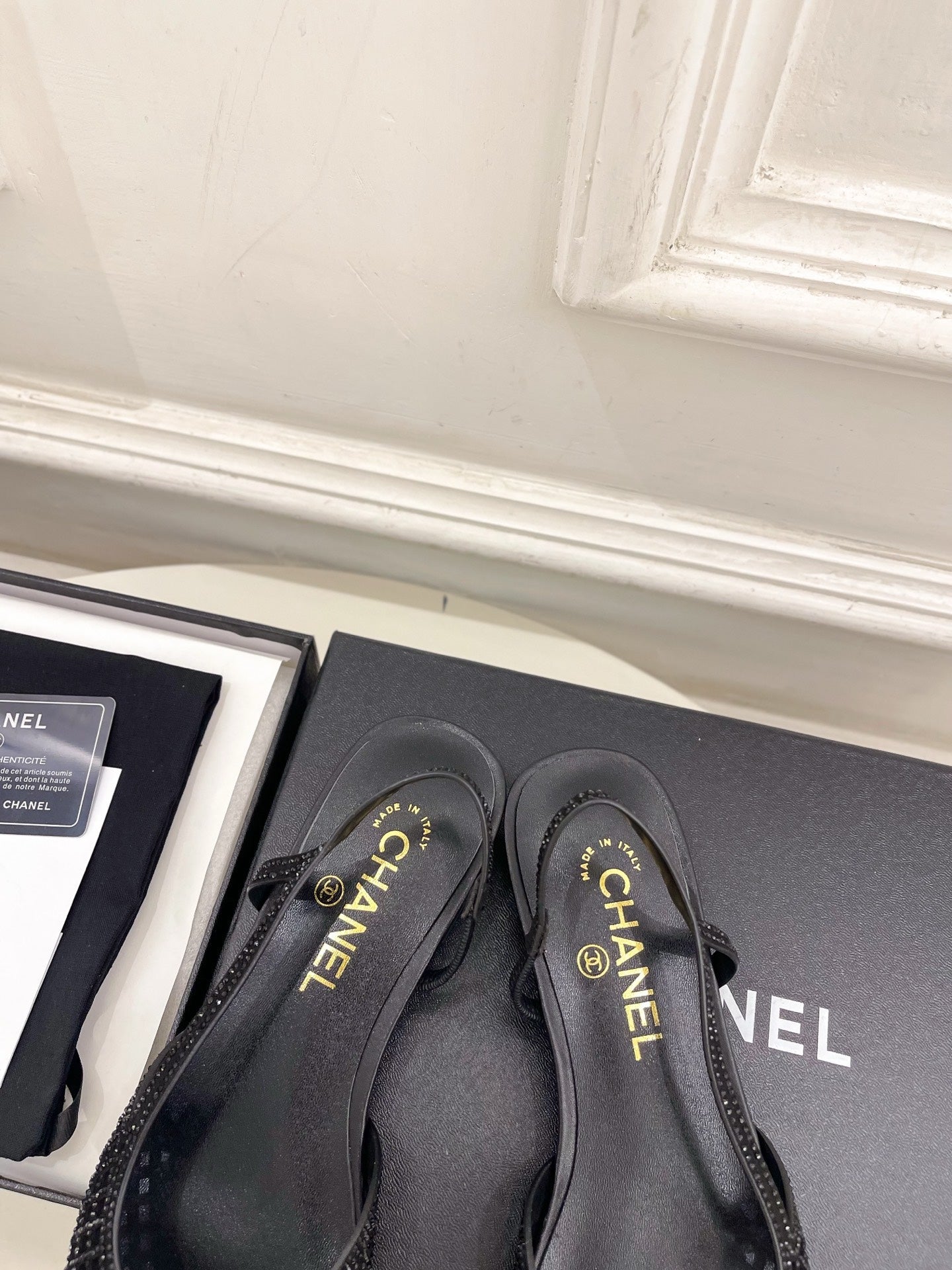 CHANEL 26S FLAT POINTED TOE SLINGBACK IN BLACK MESH