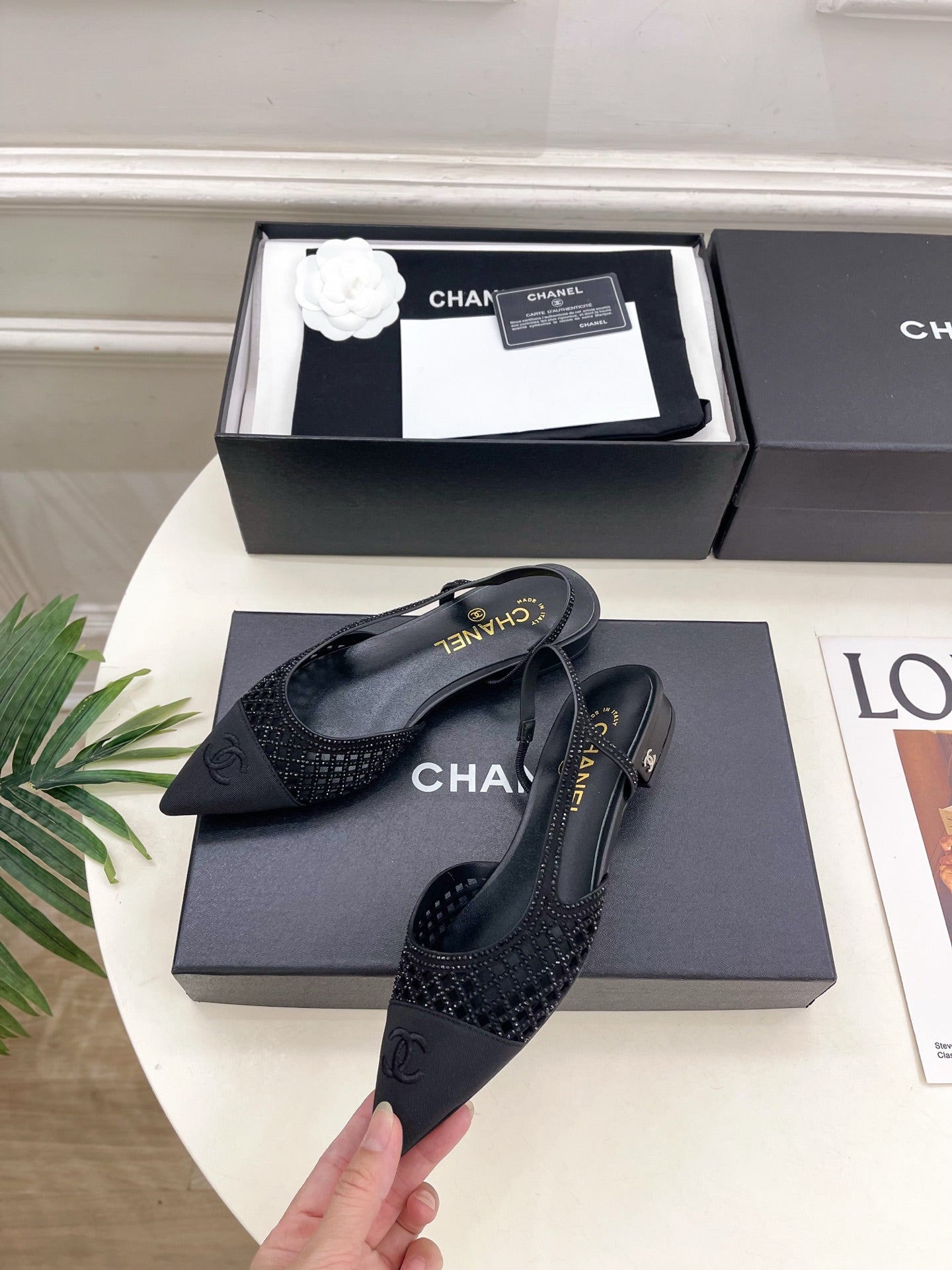 CHANEL 26S FLAT POINTED TOE SLINGBACK IN BLACK MESH