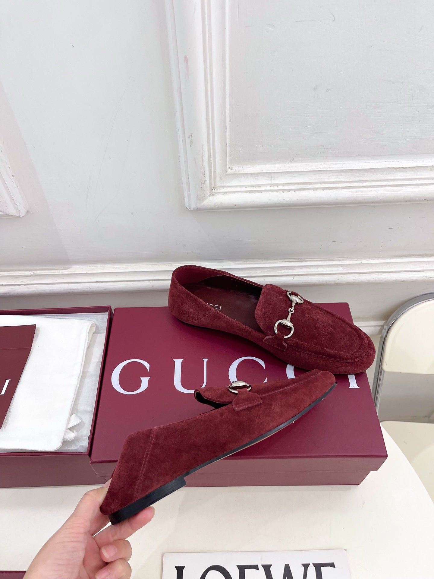 GUCCI 26S LOAFERS MM IN DARK RED SUEDE WITH SILVER HARDWARE