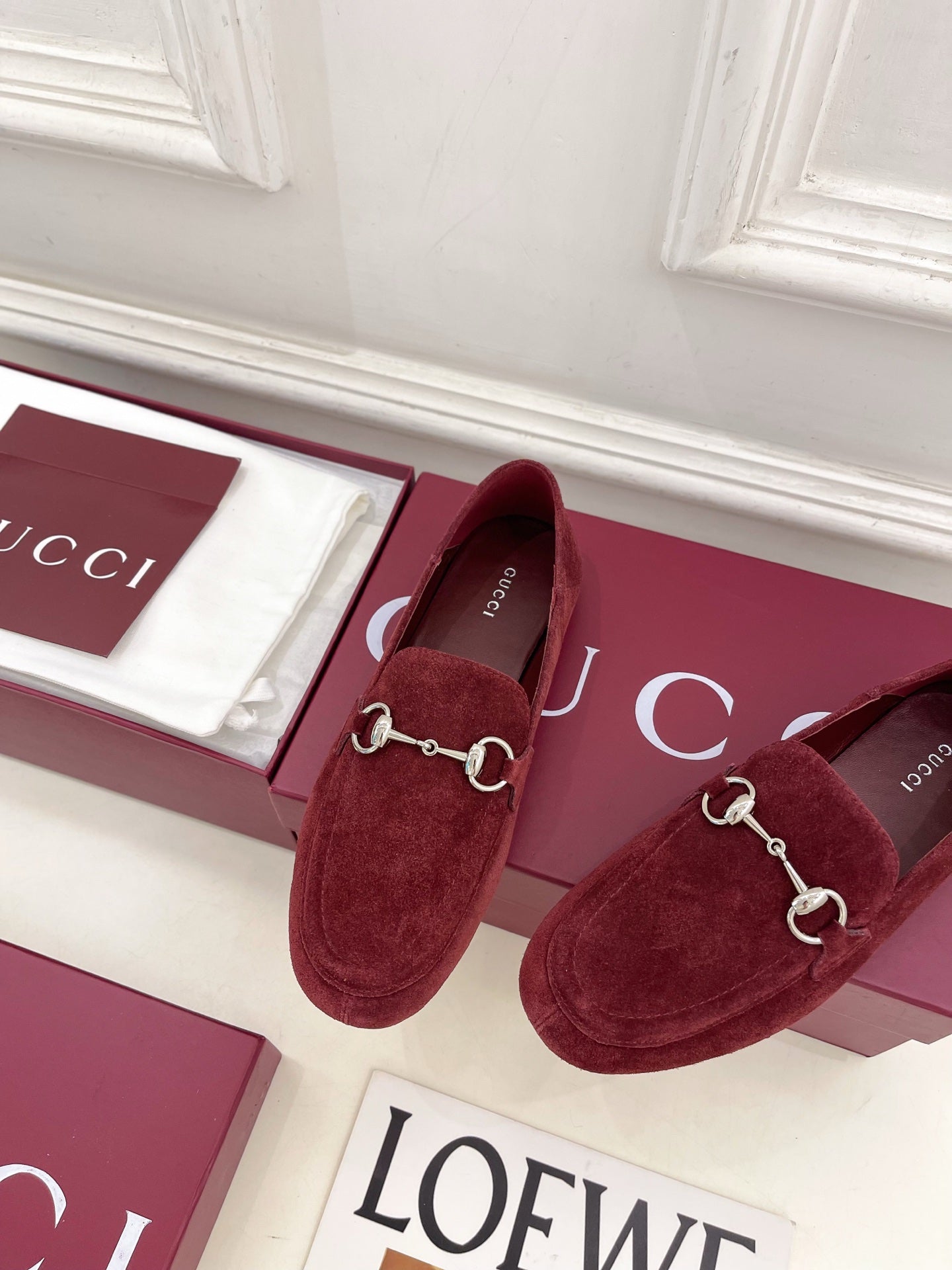 GUCCI 26S LOAFERS MM IN DARK RED SUEDE WITH SILVER HARDWARE