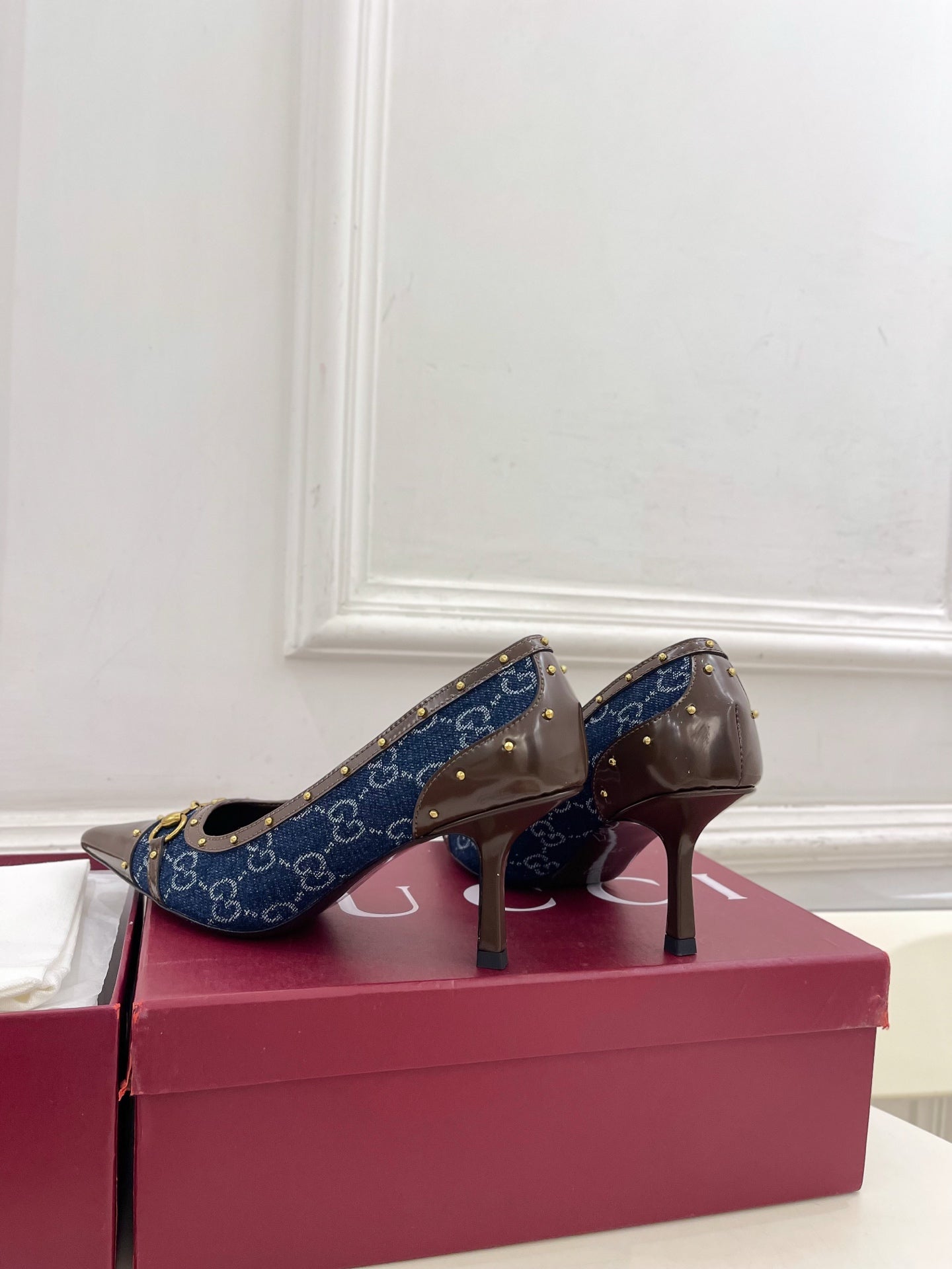 GUCCI 26S HIGH HEELS 75 MM IN BLUE DENIM GG LOGO PATTERN