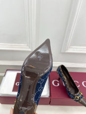 GUCCI 26S HIGH HEELS 75 MM IN BLUE DENIM GG LOGO PATTERN