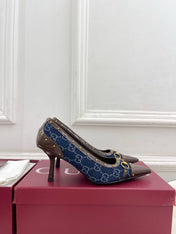 GUCCI 26S HIGH HEELS 75 MM IN BLUE DENIM GG LOGO PATTERN
