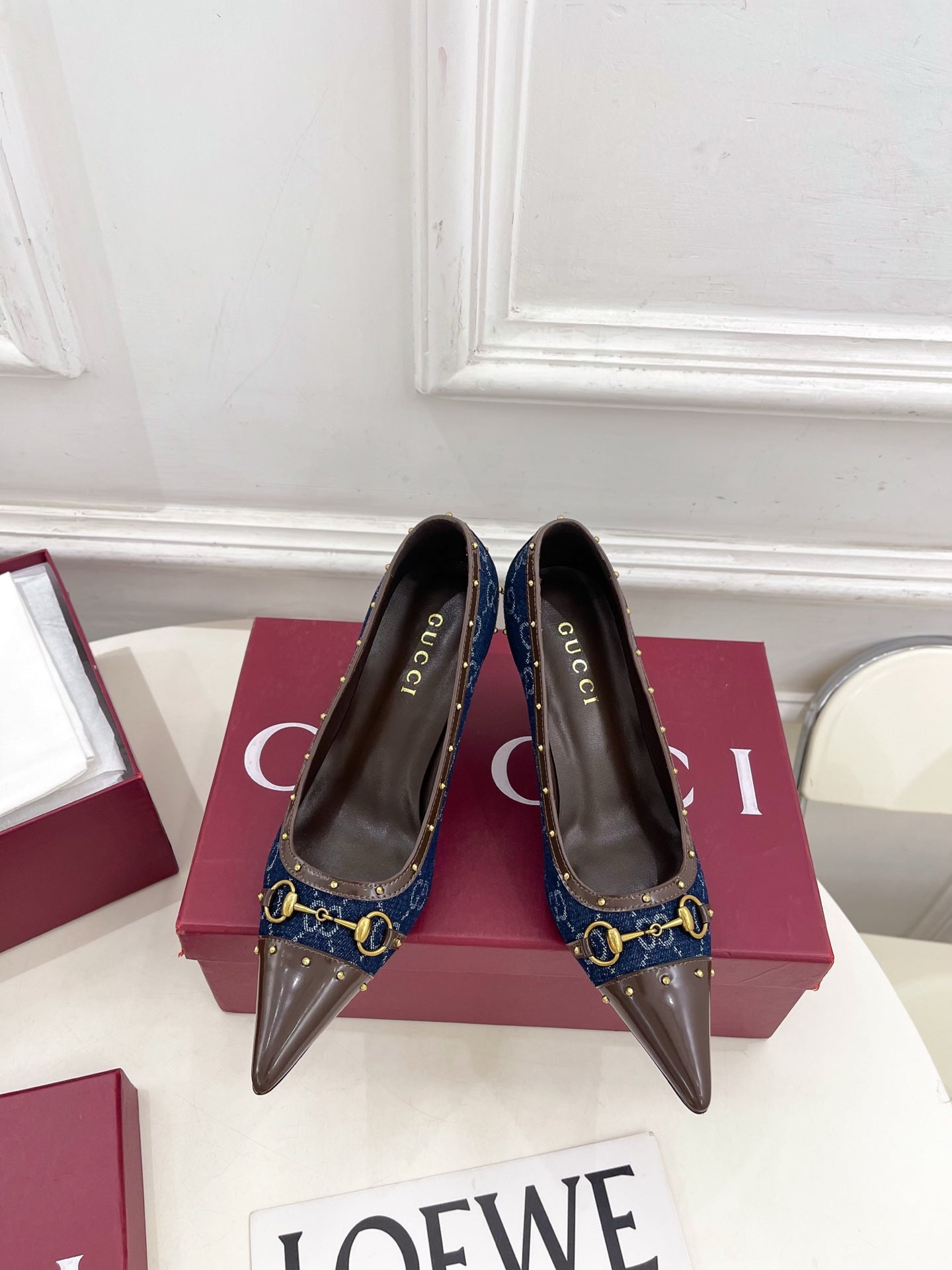 GUCCI 26S HIGH HEELS 75 MM IN BLUE DENIM GG LOGO PATTERN