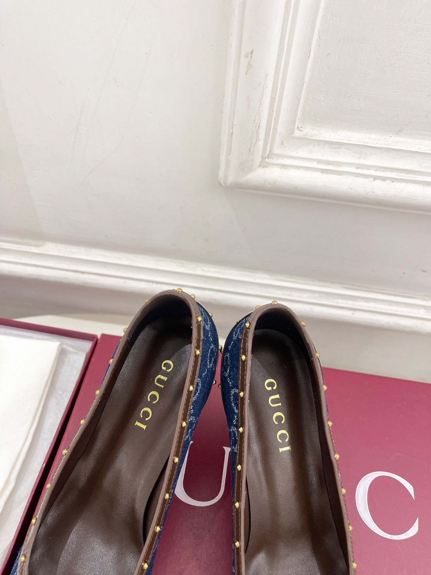 GUCCI 26S HIGH HEELS 75 MM IN BLUE DENIM GG LOGO PATTERN