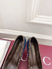 GUCCI 26S HIGH HEELS 75 MM IN BLUE DENIM GG LOGO PATTERN