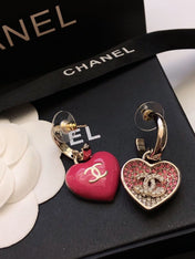 CHANEL 26S DOUBLE C LOGO TWO-TONE PAVE CRYSTAL HEART DROP HOOP EARRINGS IN GOLD METAL 631080