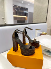 LV 26S HIGH HEEL SANDALS 145 MM IN DARK BROWN COATED CANVAS