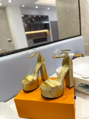 LV 26S HIGH HEEL SANDALS 145 MM IN GOLD CALFSKIN