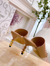 ROCKSTUD TOWER-HEEL MULES IN BRONZE BROWN CALFSKIN 7 CM