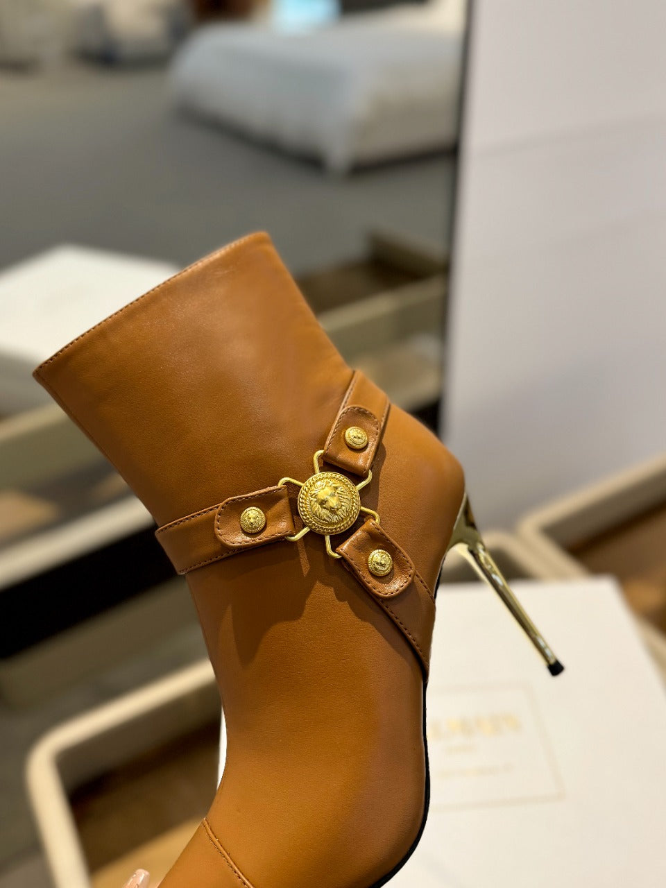 BALMAIN 26S STILETTO HEEL BOOTS 95 MM IN BROWN CALFSKIN